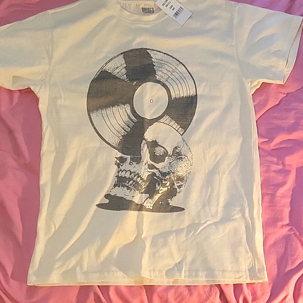 Light Gray Skull Record Design T Shirt Men's Medium Brand New